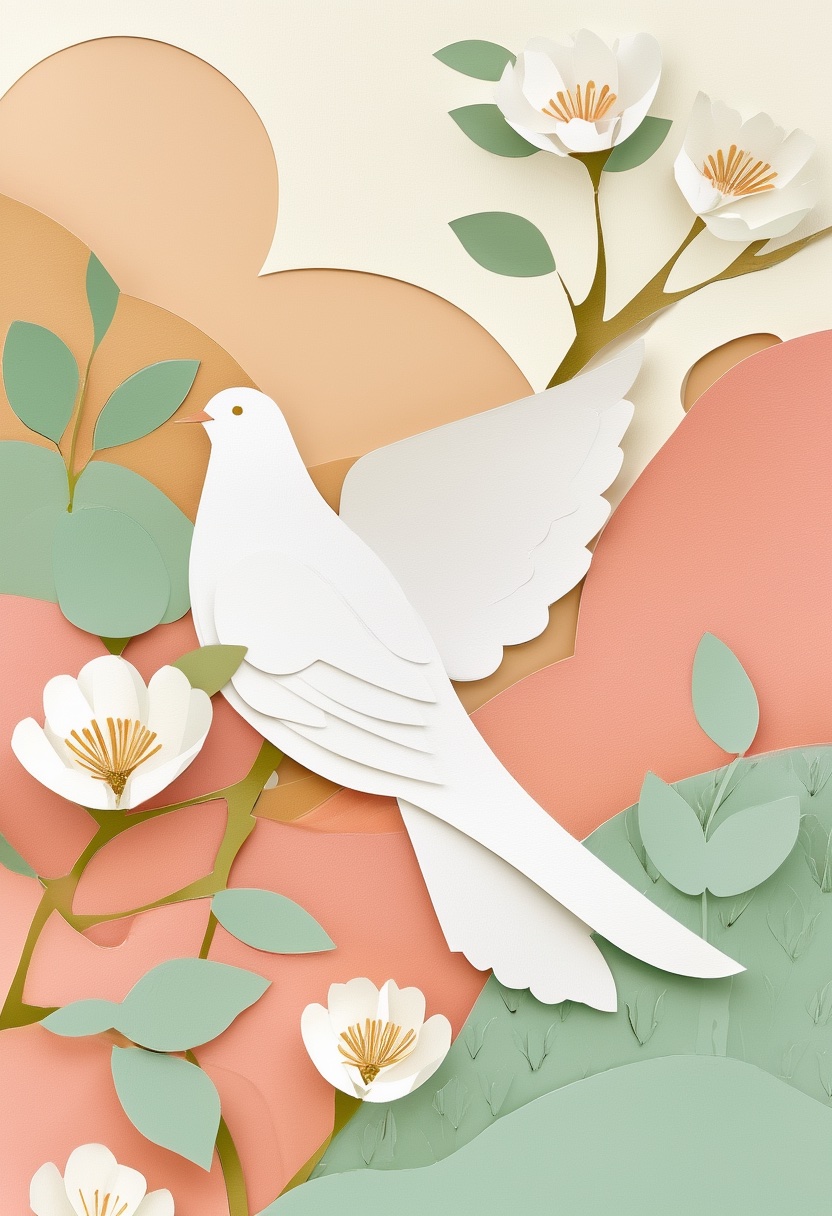 White Dove Among Flowers — Wedding cut-paper-style greeting card
