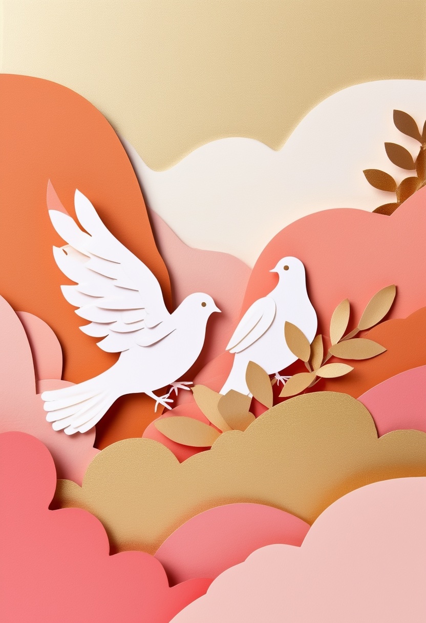 White Doves in Pastel Clouds — Engagement cut-paper-style greeting card
