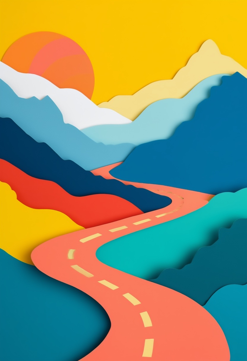 Winding Road Through Colorful Mountains — Bon Voyage cut-paper-style greeting card