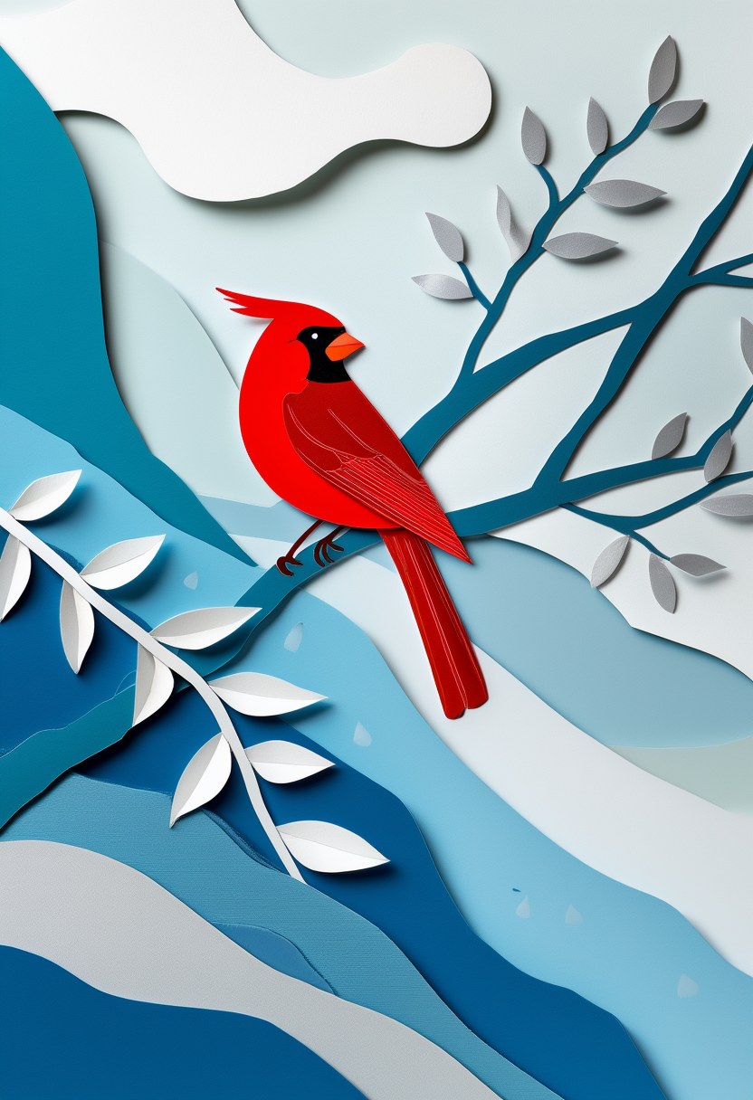 Winter Cardinal Branch — Winter cut-paper-style greeting card