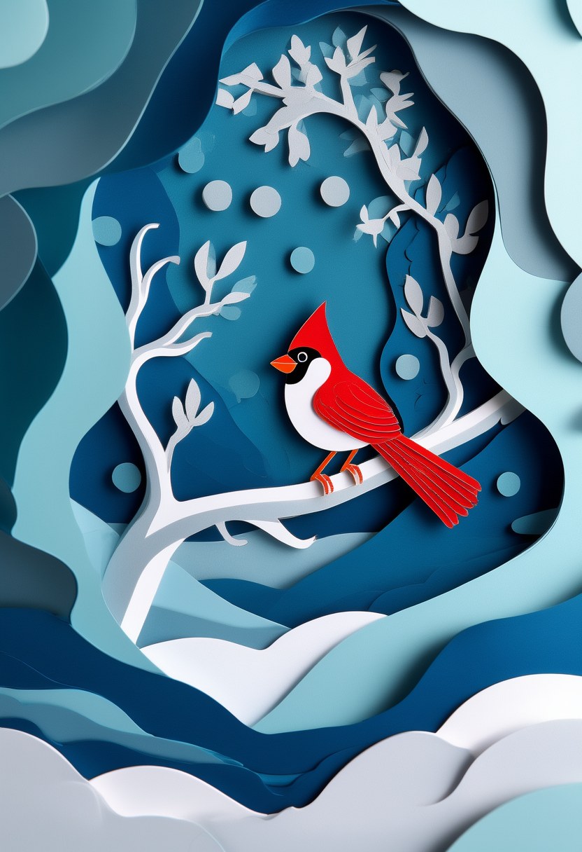 Winter Cardinal Serenity — Winter cut-paper-style greeting card
