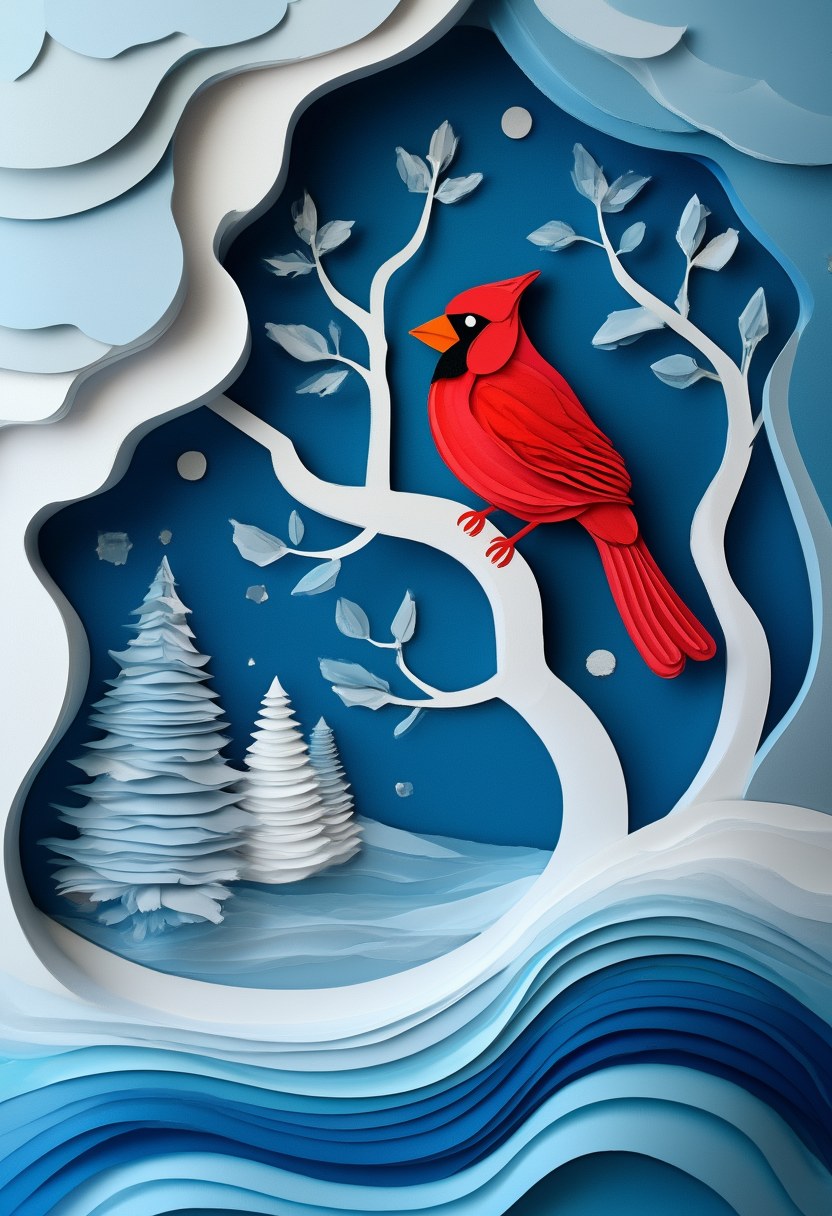 Winter Cardinal Serenity — Winter cut-paper-style greeting card