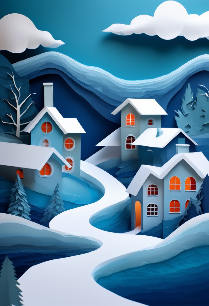 Winter Village Silhouette — Winter cut-paper-style greeting card