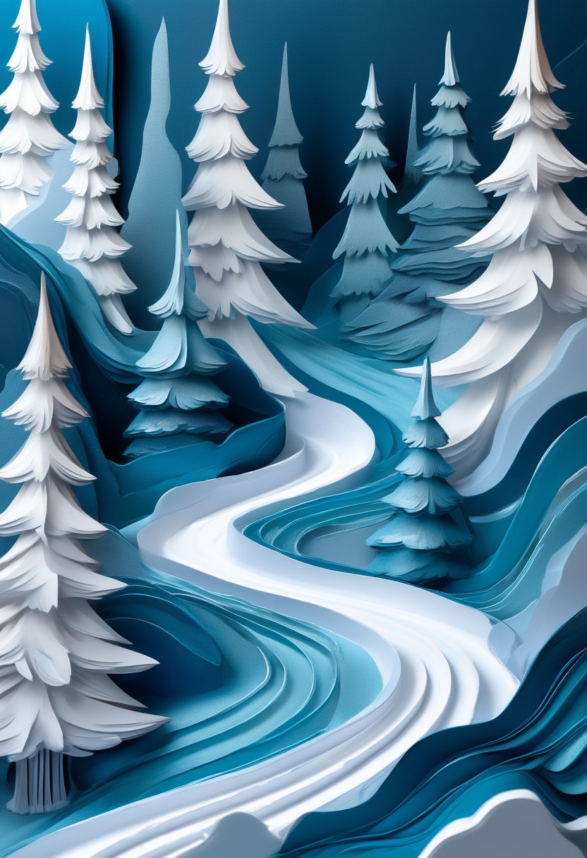 Winter Woodland Path — Winter cut-paper-style greeting card