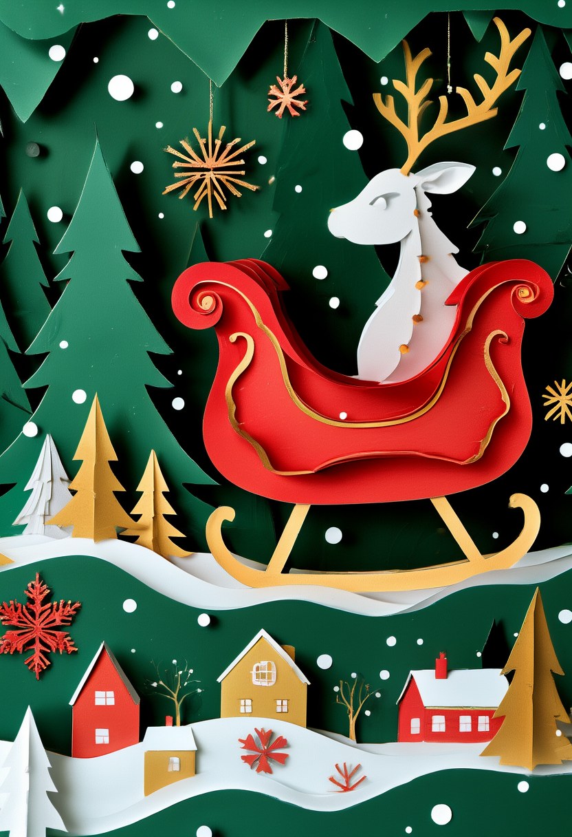 Winter Woodland Sleigh Ride — Christmas cut-paper-style greeting card