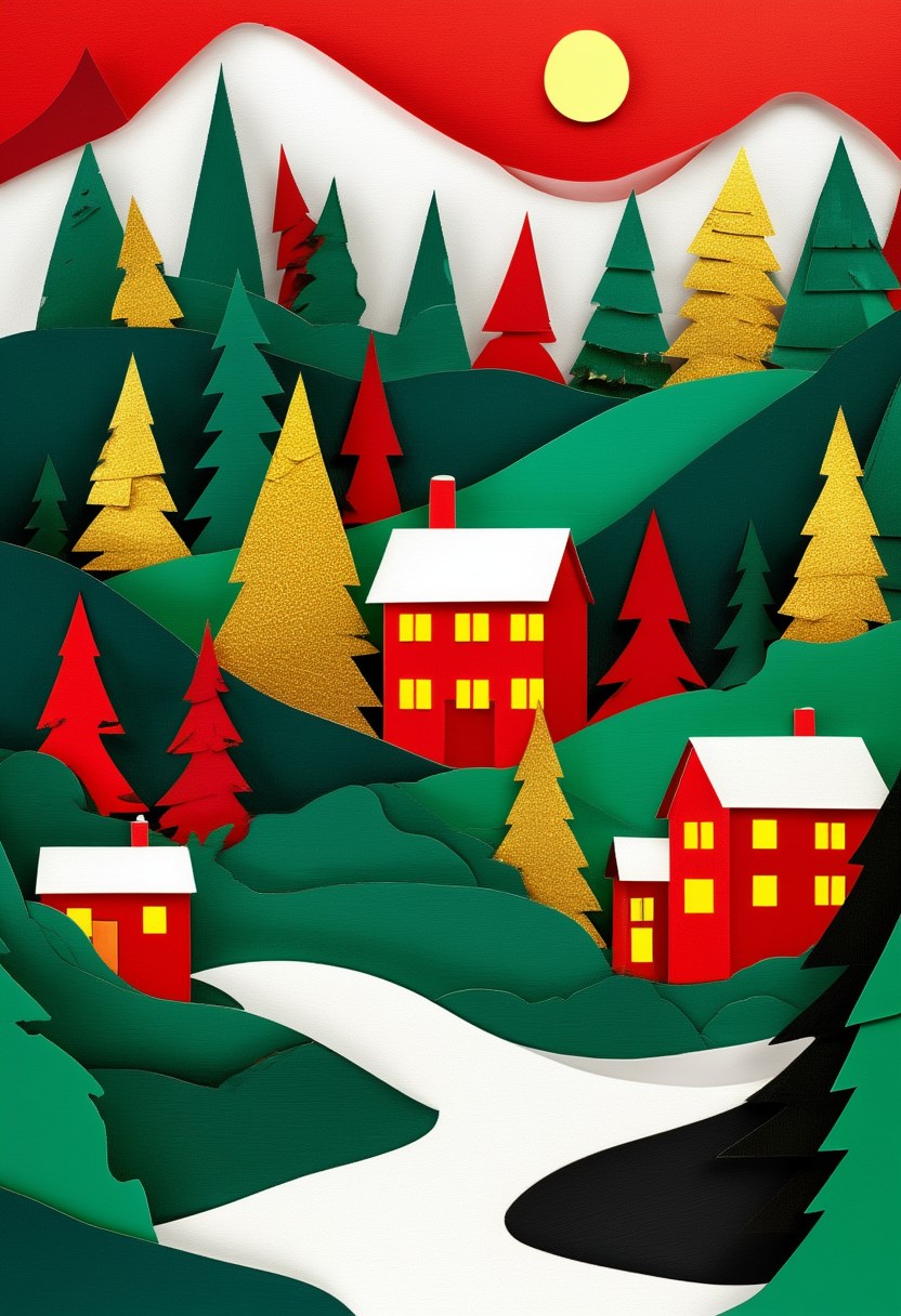 Winter Woodland Village — Christmas cut-paper-style greeting card