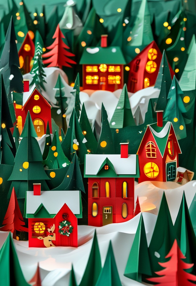 Winter Woodland Village — Christmas cut-paper-style greeting card