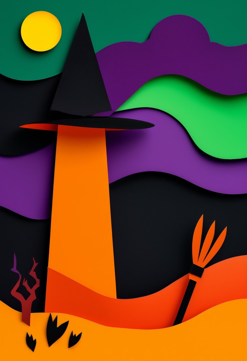 Witch's Hat Halloween Night — Halloween cut-paper-style greeting card
